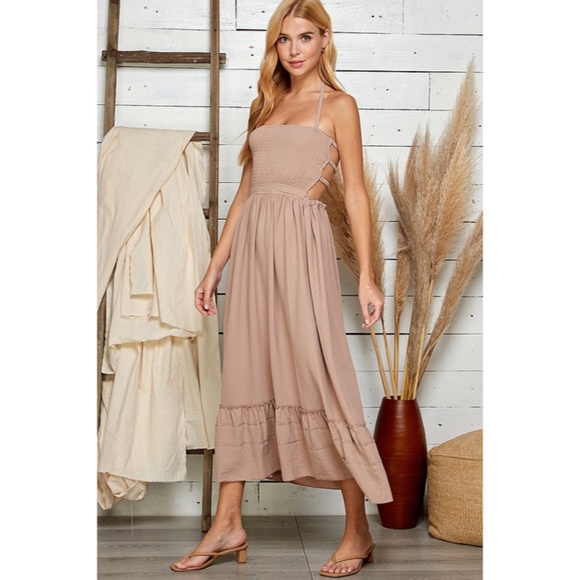 SOLD OUT Nude Bohemian Solid Smocked Open Strappy Back Ruffle Hem Halter Dress - Picture 2 of 5